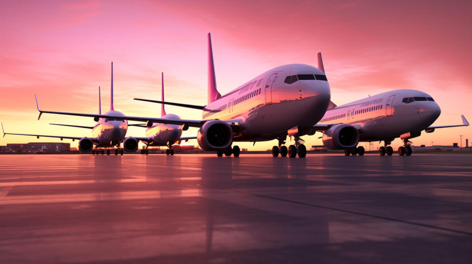 A Boeing 737 aircrafts parked in an airport terminal with passengers awaiting to board.