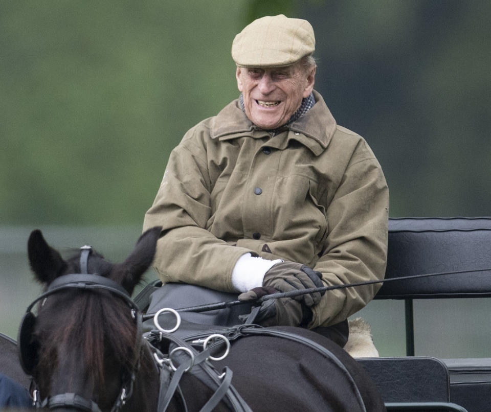 WINDSOR, ENGLAND - MAY 09: Prince Philip, Duke of Edinburgh watches Lady Louise Windsor compete in the Private Driving Class during the Royal Windsor Horse Show 2019 on May 9, 2019 in Windsor, England. (Photo by Mark Cuthbert/UK Press via Getty Images)