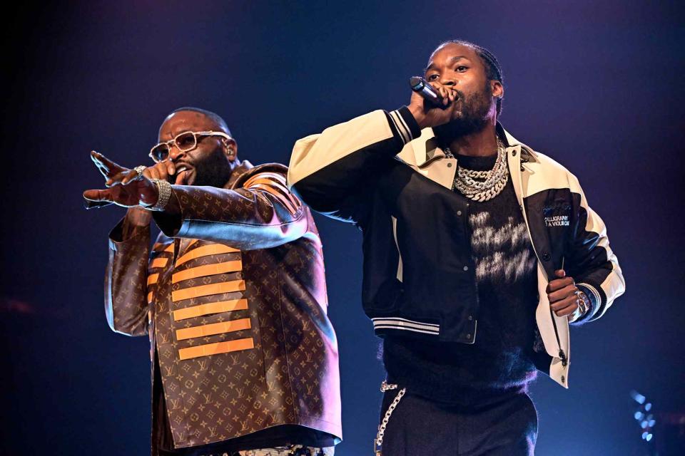 <p>Todd Owyoung/NBC via Getty</p> Rick Ross and Meek Mill perform on Nov. 10, 2023