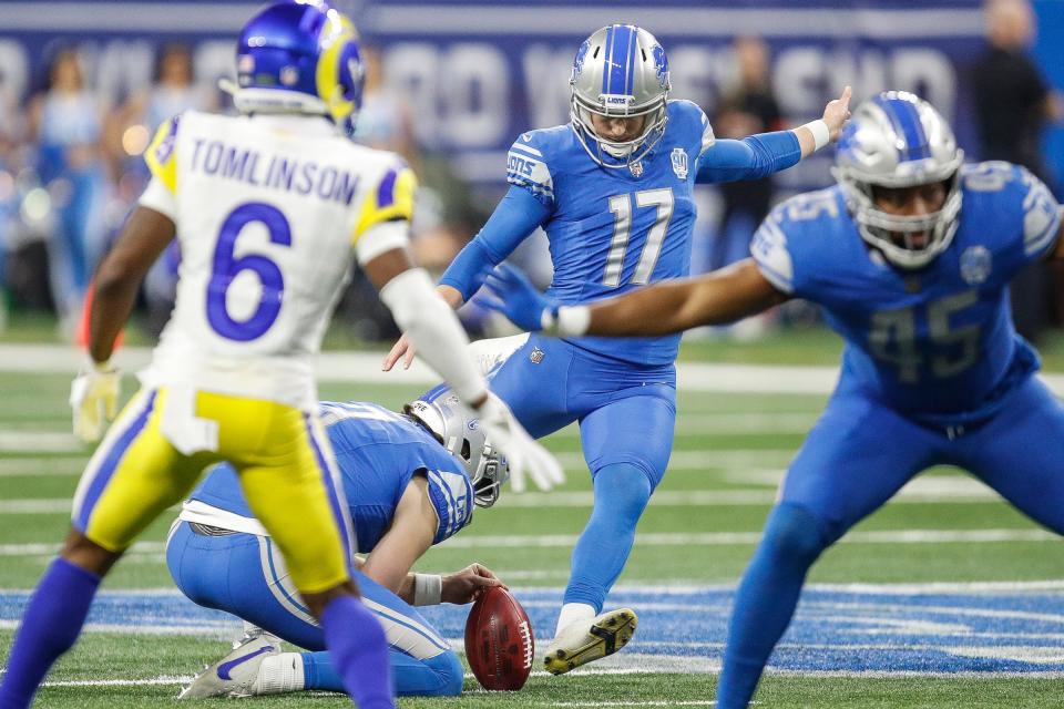 Detroit Lions place kicker Michael Badgley attempts and makes a 54-yard field goal against the L.A. Rams during the second half of the NFC wild-card game at Ford Field in Detroit on Sunday, Jan, 14, 2024.
