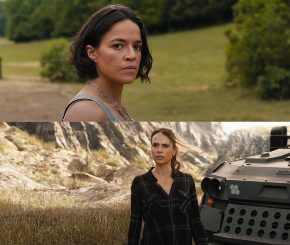 letty and mia are seen in two stills from the fast and furious 9