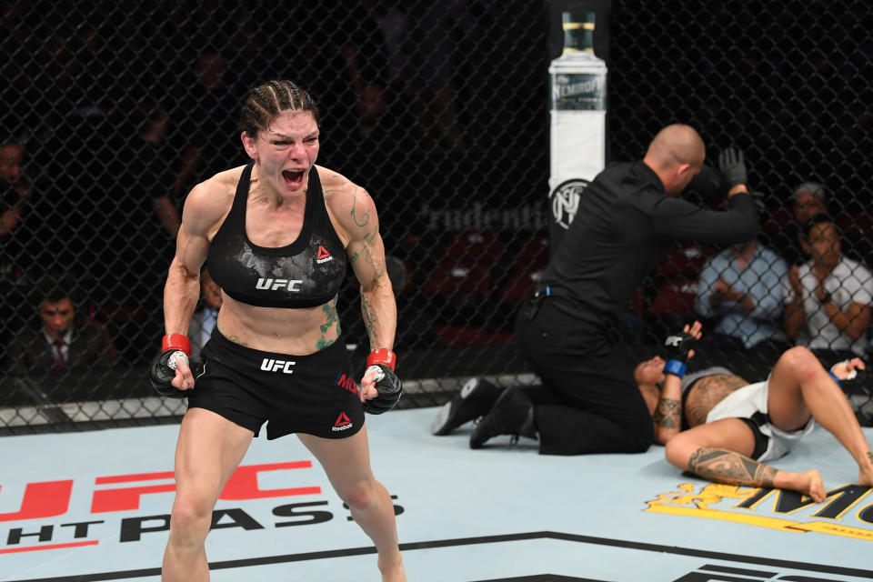 NEWARK, NJ - AUGUST 03:  (L-R) Lauren Murphy celebrates her TKO victory over Mara Romero Borella of Italy in their women's flyweight bout during the UFC Fight Night event at the Prudential Center on August 3, 2019 in Newark, New Jersey. (Photo by Josh Hedges/Zuffa LLC/Zuffa LLC via Getty Images)