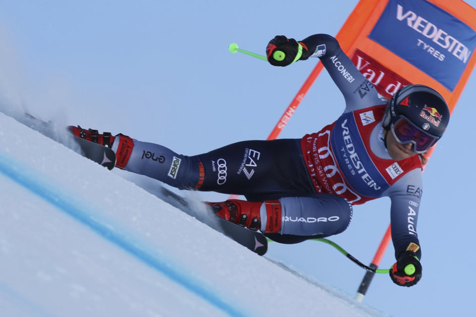 Italy's Sofia Goggia speeds down the course during an alpine ski, women's World Cup Super G race, in Val d'Isere, France, Sunday, Dec. 17, 2023. (AP Photo/Marco Trovati)