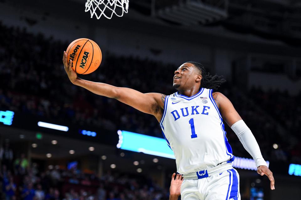 Mar 20, 2022; Greenville, SC, USA; Duke Blue Devils guard Trevor Keels (1) drives to the basket against the Michigan State Spartans in the first half during the second round of the 2022 NCAA Tournament at Bon Secours Wellness Arena.