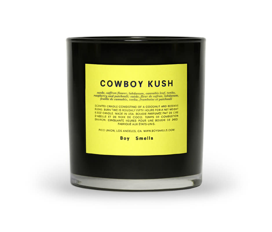 <p> Since bursting onto the olfactory scene in 2015, the L.A.-based 'Boy Smells' have swiftly garnered a massive cult following due to their distinctive fragrance pyramids, evocative scent names, and visually striking packaging. Formulated from a proprietary blend of beeswax and coconut the brand's overall identity is one of an environmentally conscious ethos. One of their best sellers, Cowboy Kush mixes notes of leather, saffron flower, and cannabis atop a foundation of patchouli and tonka bean. This well-worn, earthy, spiced fragrance is tailor-made for the sophisticated man, not a boy. </p>