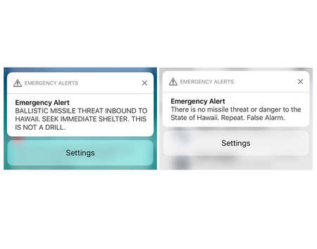 A combination photograph shows screenshots from a cell phone displaying an alert for a ballistic missile launch and the subsequent false alarm message in Hawaii January 13, 2018. REUTERS/Hugh Gentry