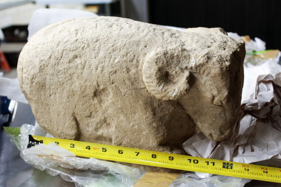 This undated image provided by the U.S. Immigration and Customs Enforcement’s office of public affairs shows a Sumerian Ram sculpture from 3000 B.C. (U.S. Immigration and Customs Enforcement via AP)