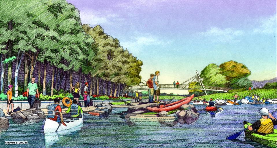 Iowa Confluence Water Trails, or ICON, is working to provide easier, safer access at three locations, including the Racoon River near Fleur Drive, where kids and adults can learn to surf and kayak at their own comfort level. An ICON rendering shows the envisioned water feature.