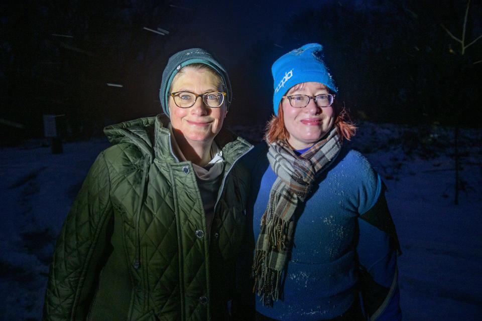 Mary Sue Hosbrough, left, and Jennifer Jacobsen-Wood made a name for themselves with their Facebook page Pedestrians in Peoria, which documented their efforts in 2019 and 2020 to walk every street in the city of Peoria. Now the pair have decided to walk every trail and walking path in the area, including a recent pre-dawn hike at Spring Creek Preserve in Fondulac Township.