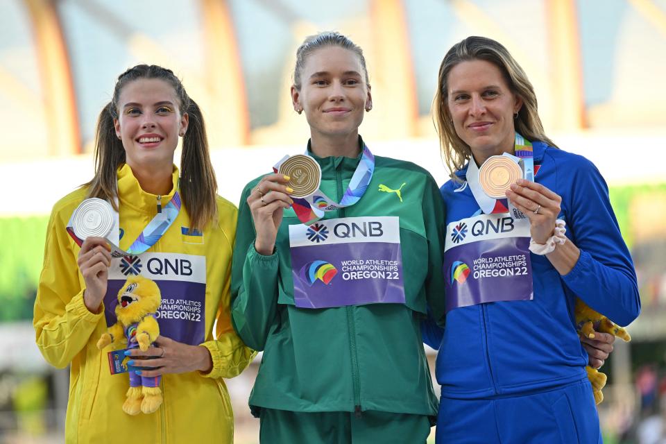 Eleanor Patterson, pictured here on the podium after the high jump final at the world championships.