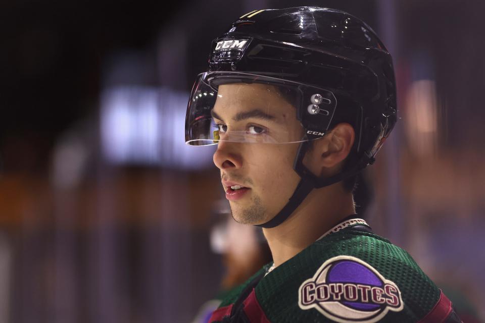 Dylan Guenther #11 of the Arizona Coyotes warms up before the NHL game against the New York Rangers at Mullett Arena on Oct. 30, 2022, in Tempe, Arizona.