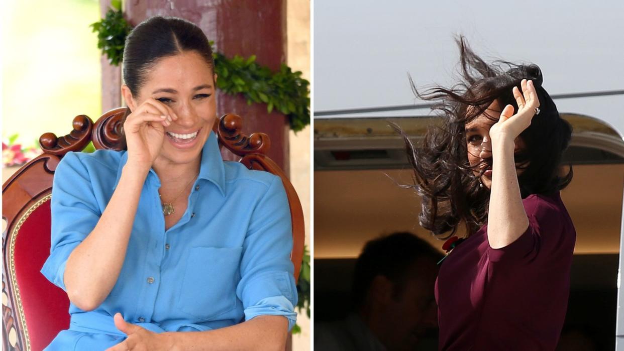  (L) Meghan Markle laughing, (R) Meghan Markle being windswept . 