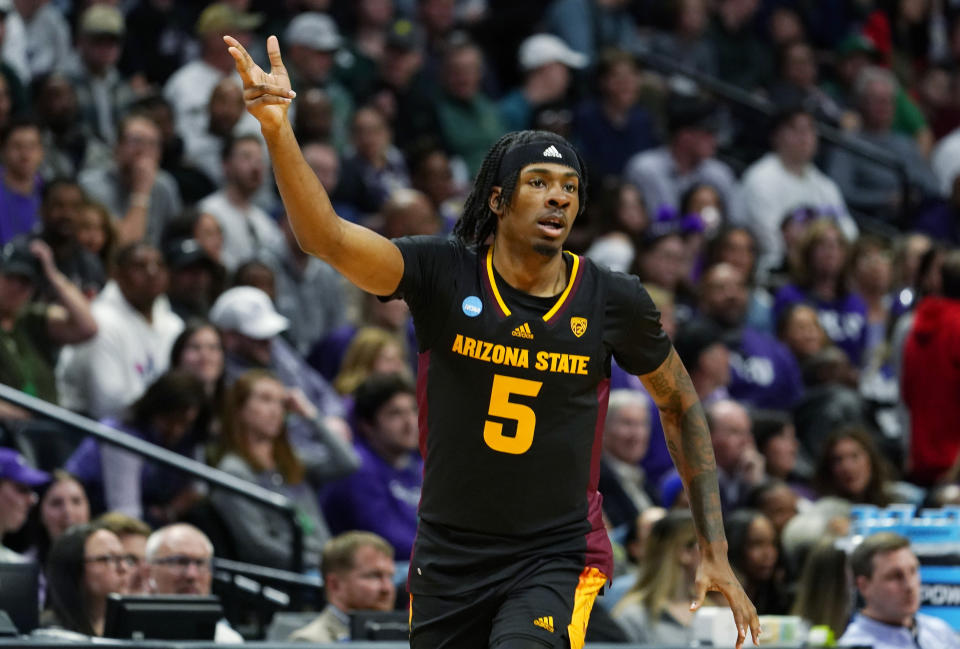 Arizona State forward Jamiya Neal gestures after hitting a basket against TCU in the first half of a first-round college basketball game in the men's NCAA Tournament, Friday, March 17, 2023, in Denver. (AP Photo/John Leyba)