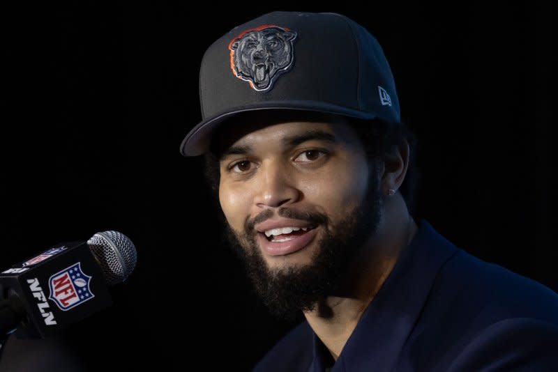 Former USC quarterback Caleb Williams speaks to reporters after he was selected No. 1 overall by the Chicago Bears in the 2024 NFL Draft on Thursday in Detroit. Photo by Rena Laverty/UPI