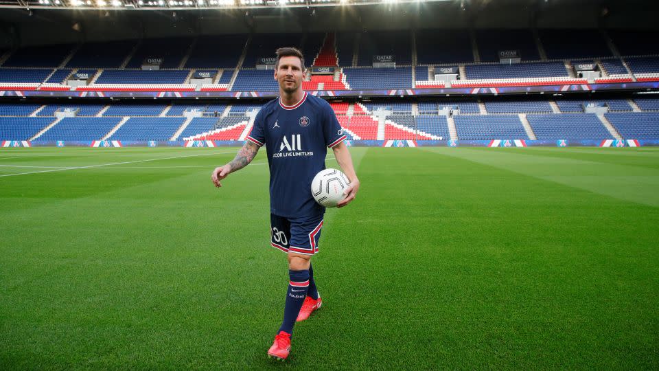 Messi is unveiled at PSG's Parc des Princes in August 2021. - Paris Saint-Germain Football/Getty Images