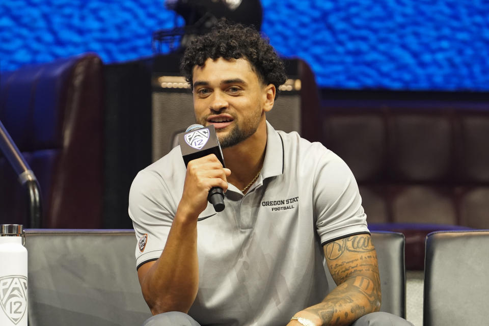 FILE - Oregon State wide receiver Anthony Gould speaks at the NCAA college football Pac-12 media day, Friday, July 21, 2023, in Las Vegas. Oregon State opens their season at San Jose State on Sept. 3. (AP Photo/Lucas Peltier, File)