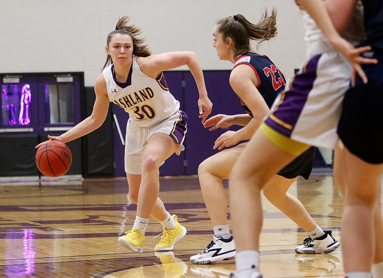 Ashland University's Kayla Sanders (30) agianst Malone University during college women's basketball action Wednesday, Dec. 29, 2021 at Kates Gymnasium. TOM E. PUSKAR/TIMES-GAZETTE.COM