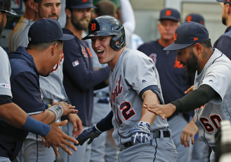 PITTSBURGH, PA - JUNE 19:  Brandon Dixon #12 of the Detroit Tigers celebrates after hitting a home run in the third inning against the Pittsburgh Pirates during inter-league play at PNC Park on June 19, 2019 in Pittsburgh, Pennsylvania.  (Photo by Justin K. Aller/Getty Images)