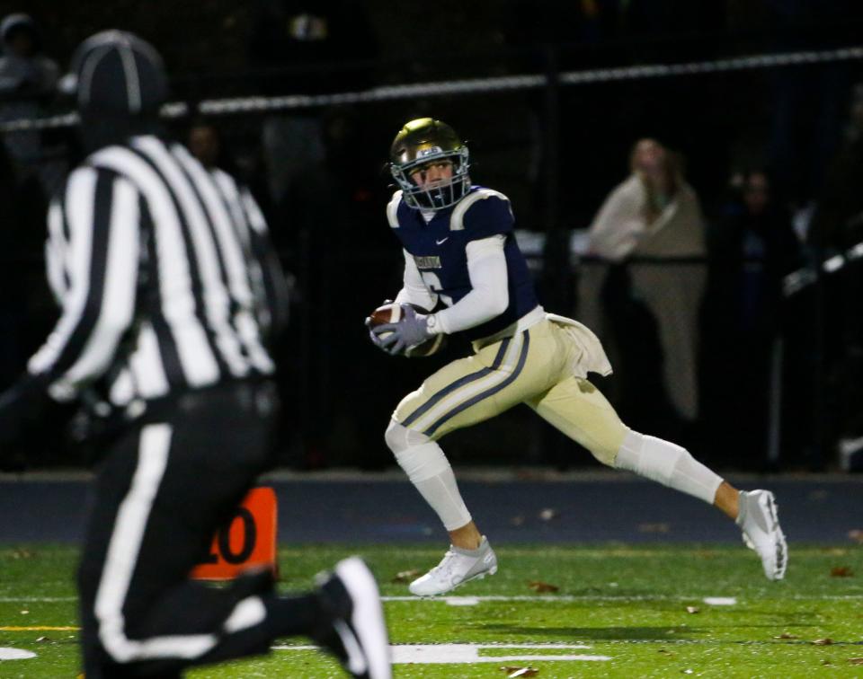 Salesianum wide receiver William Neumann coasts into the end zone with a reception from B.J. Alleyne to give the Sals a 17-7 lead in the third quarter of Salesianum's win against Middletown in a DIAA Class 3A state tournament semifinal at Abessinio Stadium, Friday, Nov. 24, 2023.