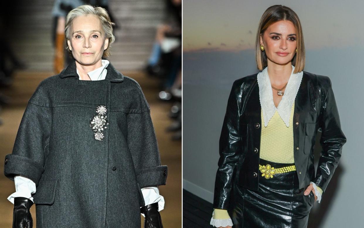 Kristen Scott Thomas, left, walking the runway at Miu Miu; Penelope Cruz, right, at the Chanel Paris Fashion Week show on Tuesday