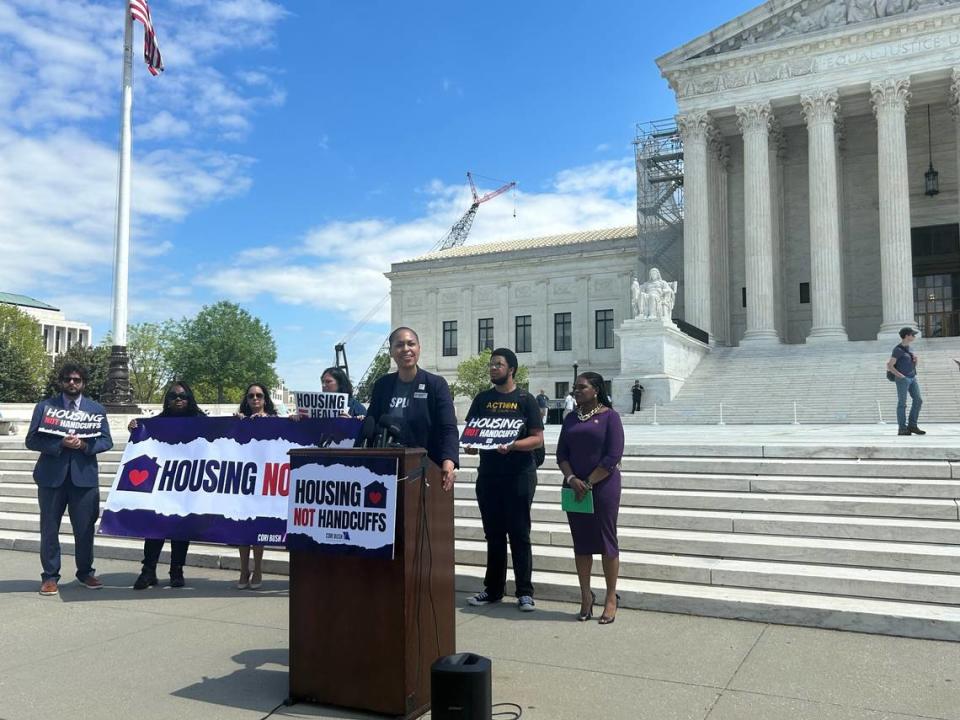 Andrea McChristian of the Southern Poverty Law Center speaks about homelessness issues alongside housing advocates and progressive members of Congress in front of the Supreme Court on April 19, 2024. The Supreme Court is considering City of Grants Pass v. Johnson which questions if fining or arresting involuntarily homeless people for camping in public spaces violates Eighth Amendment protections against cruel or unusual punishment.