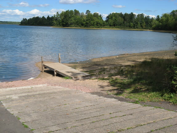 A pier that no longer reaches the lake due to dropping water levels at Big Muskellunge Lake, Wisc.