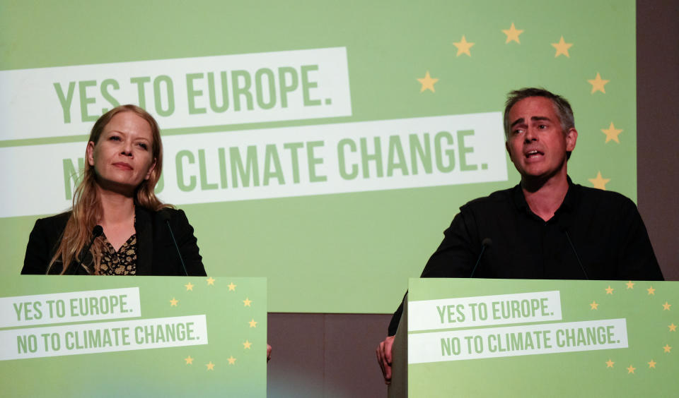 SCARBOROUGH, ENGLAND - JUNE 08: Green Party Co-Leader and Member of the London Assembly Sian Berry and Green Party Co-Leader Jonathan Bartley deliver their speech during the Green Party Spring conference held at the Scarborough Spa Complex on June 08, 2019 in Scarborough, England. Around 600 Green Party delegates from across the UK attended the conference which comes after recent success in the local elections in May where the party gained nearly 200 new councillors and saw its number of MEP’s rise from three to seven. (Photo by Ian Forsyth/Getty Images)