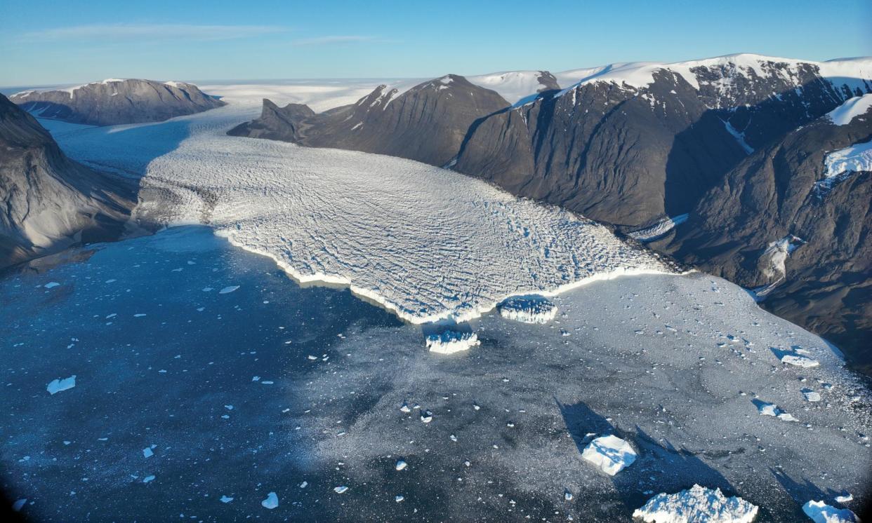 <span>Kangerlussuup glacier on the west coast of Greenland is 5km wide at its terminus and its face rises 60m above the water</span><span>Photograph: Courtesy of University of Texas</span>