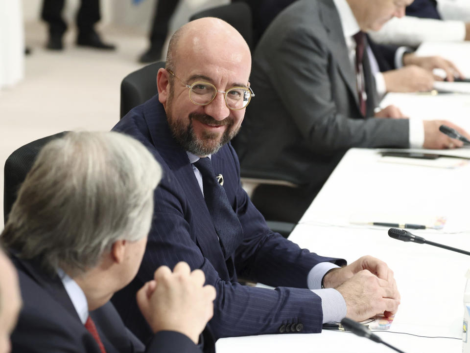 European Council President Charles Michel attends an outreach session of the leaders of the G7 nations and invited countries, during the G7 Summit in Hiroshima, western Japan, Saturday, May 20, 2023. (Japan Pool via AP)