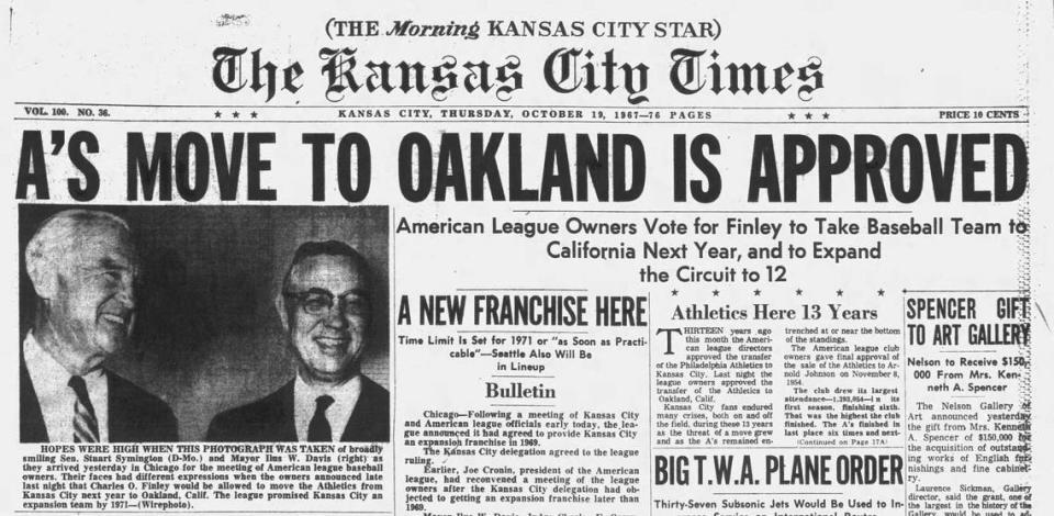 The Oct. 19, 1967, edition of The Kansas City Times announces the Kansas City Athletics will move to Oakland the following year. The A’s have been based in Philadelphia, Kansas City and Oakland.