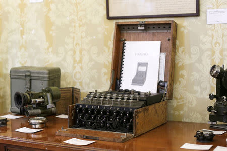 An Enigma cipher machine is on display among other wartime memorabilia pieces at an auction house in Bucharest, Romania, July 11, 2017. Inquam Photos/Octav Ganea/via REUTERS