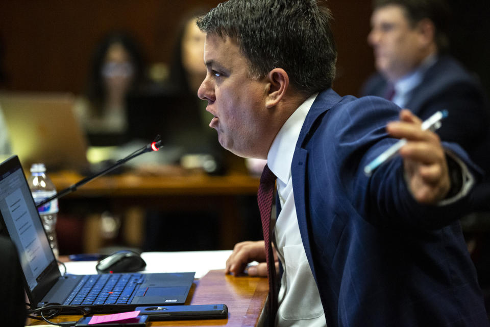 Assistant Iowa Attorney General Scott Brown questions a witness during Cristhian Bahena Rivera's trial, on Monday, May 24, 2021, in the Scott County Courthouse, in Davenport, Iowa. Bahena Rivera is on trial after being charged with first degree murder in the death of Mollie Tibbetts in July 2018. (Kelsey Kremer/The Des Moines Register via AP, Pool)