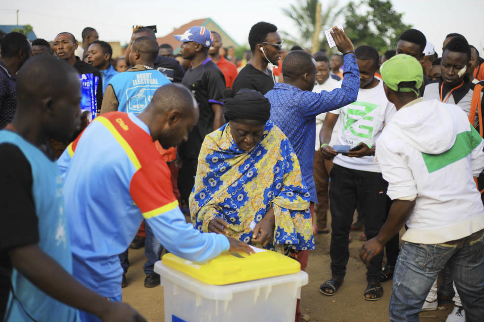 Congolese participate in a mock voting in the Eastern Congolese town of Beni Sunday Dec. 30, 2018. The delay of Sunday's election until March for Beni and Butembo city is blamed on a deadly Ebola outbreak. The rest of the country will vote on Sunday Dec. 30. (AP Photo/Al-hadji Kudra Maliro)