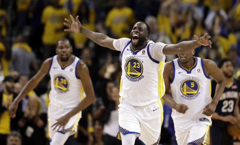 The Warriors had their fun with the Rockets, then had their fun with the media after Game 6. (AP Photo)