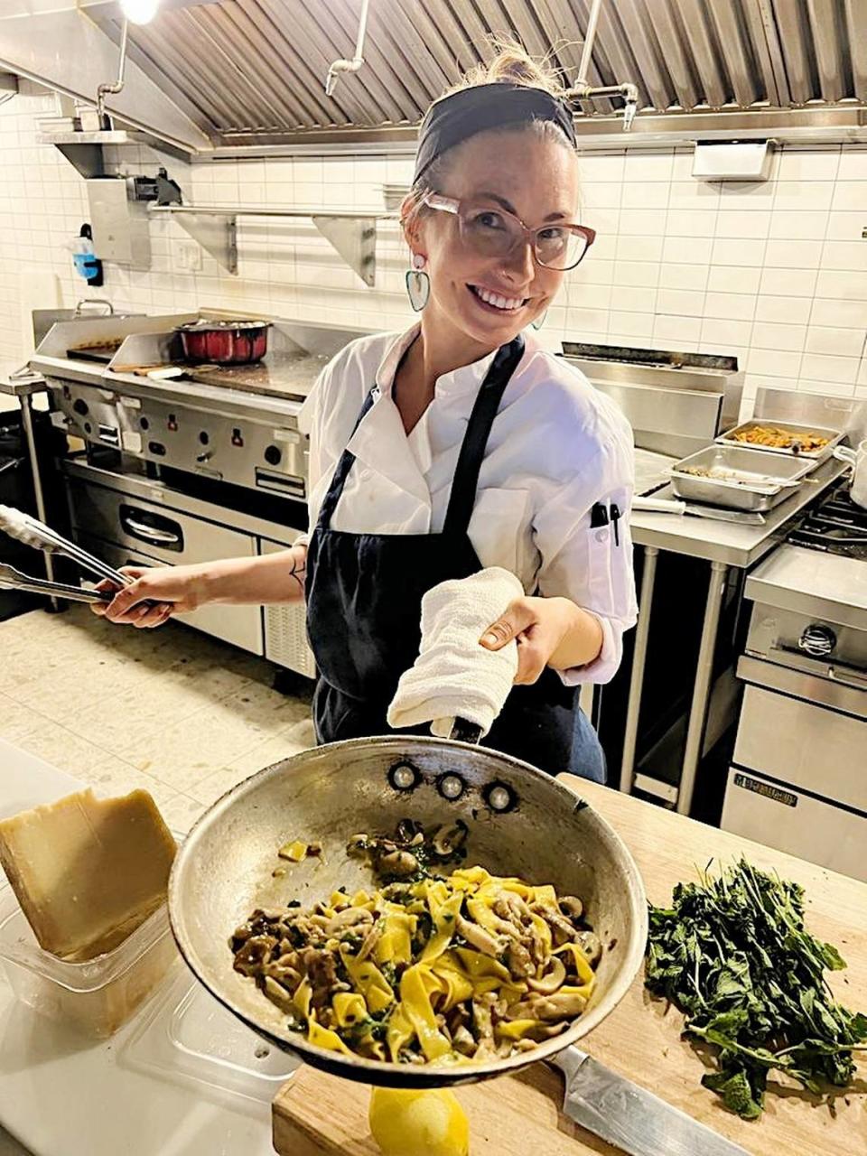 Jess Masanotti, photographed working the saute station at North Miznon in New York City. “It’s the one where we make our homemade pasta, sauces, et cetera, and requires a lot of skill,” she says. “It was a huge deal for me when I worked up to saute and could hold the station on my own on a 100-plus cover night.”
