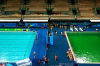 <p>Many people <a rel="nofollow noopener" href="http://mashable.com/2016/08/05/zika-toxic-water-problems-rio-olympics/?utm_campaign=Mash-BD-Synd-Yahoo-Watercooler-Full&utm_cid=Mash-BD-Synd-Yahoo-Watercooler-Full" target="_blank" data-ylk="slk:highlighted the problems;elm:context_link;itc:0;sec:content-canvas" class="link ">highlighted the problems</a> with the water outdoors in Rio leading up to the <a rel="nofollow noopener" href="http://mashable.com/category/olympics/?utm_campaign=Mash-BD-Synd-Yahoo-Watercooler-Full&utm_cid=Mash-BD-Synd-Yahoo-Watercooler-Full" target="_blank" data-ylk="slk:2016 Summer Olympics;elm:context_link;itc:0;sec:content-canvas" class="link ">2016 Summer Olympics</a>.</p> <p>On Tuesday, the attention quickly turned to the water in the diving pool, which seemed to change from a cool blue to a slime green overnight.</p> <div><p>SEE ALSO: <a rel="nofollow noopener" href="http://mashable.com/2016/08/08/rio-olympics-empty-seats-why/?utm_campaign=Mash-BD-Synd-Yahoo-Watercooler-Full&utm_cid=Mash-BD-Synd-Yahoo-Watercooler-Full" target="_blank" data-ylk="slk:Rio Olympics: What's up with all those empty seats?;elm:context_link;itc:0;sec:content-canvas" class="link ">Rio Olympics: What's up with all those empty seats?</a></p></div> <p>Among the people to notice was diver Tom Daley from Great Britain, who tweeted a photo of the stadium Tuesday afternoon.</p>  <p>BBC Sports journalist Nick Hope tweeted a statement saying that venue officials had tested the water and there was "no risk" to athletes' health. </p>  <p>However, the release also stated that officials were "investigating the cause of the situation."</p>  <p>Photos from Monday clearly show that the diving pool was a very different color.</p>  <p>Diving - Men's Synchronised 10m Platform Final. Tom Daley and Daniel Goodfellow of Great Britain win bronze Rio 2016 Olympic Games Day 3, Rio de Janeiro, Brazil Aug 8, 2016</p><div><p>Image: AP</p></div><p>And if you take a look at the water polo pool located directly next to the diving pool at the Maria Lenk Aquatics Center, clearly, something is wrong.</p>  <p>RIO DE JANEIRO, BRAZIL - AUGUST 09: General view of the diving pool at Maria Lenk Aquatics Centre on Day 4 of the Rio 2016 Olympic Games at Maria Lenk Aquatics Centre on August 9, 2016 in Rio de Janeiro, Brazil.</p><div><p>Image: Getty Images</p></div> <p>RIO DE JANEIRO, BRAZIL - AUGUST 09: General view of the diving pool at Maria Lenk Aquatics Centre on Day 4 of the Rio 2016 Olympic Games on August 9, 2016 in Rio de Janeiro, Brazil.</p><div><p>Image: Getty Images</p></div><p>After people started to notice the color conundrum, the hashtag #greenpool started to pick up on Twitter.</p>    