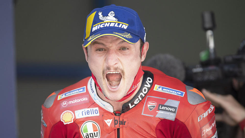 Pictured here, Spanish GP winner Jack Miller is overcome with emotion.