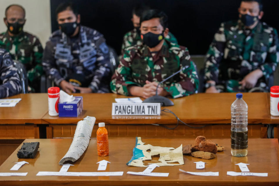 Indonesian authorities displaying debris found in the search for missing submarine KRI Nanggala-402.