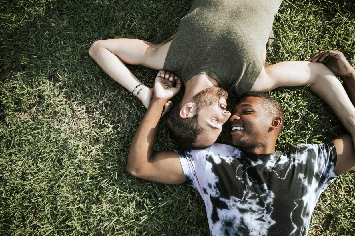 Gay couple lying in the grass together