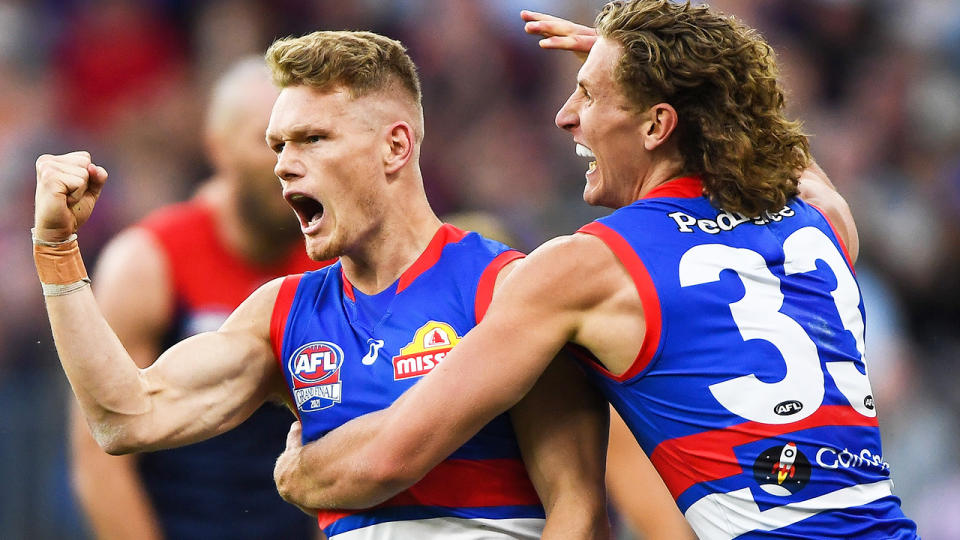 Adam Treloar booted two goals in a scintillating second quarter to bring the Bulldogs back into the grand final contest against Melbourne. (Photo by Daniel Carson/AFL Photos via Getty Images)