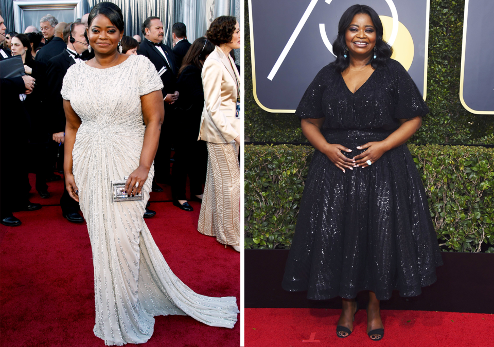 Left: At the 2012 Oscars. Right: At the 2018 Golden Globes.