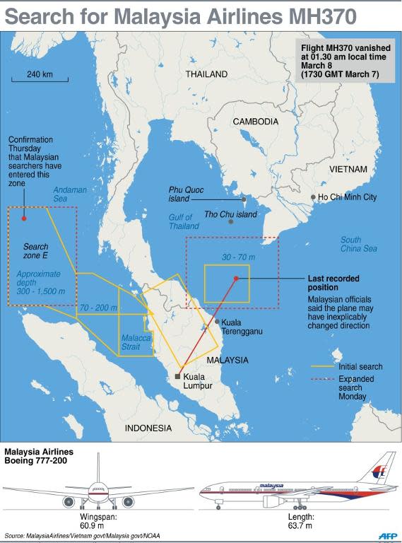 Map on the current search area for Malaysia Airlines MH370