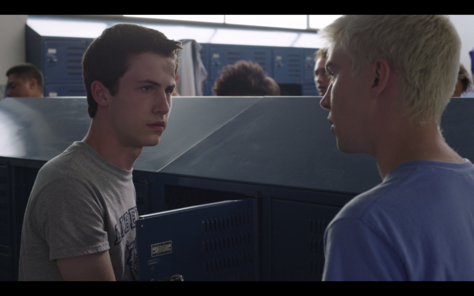 Clay Jensen (Dylan Minette) tries to get information from classmate Alex standall (Miles Heizer) in the second season of ’13 Reasons Why’. Source: Netflix