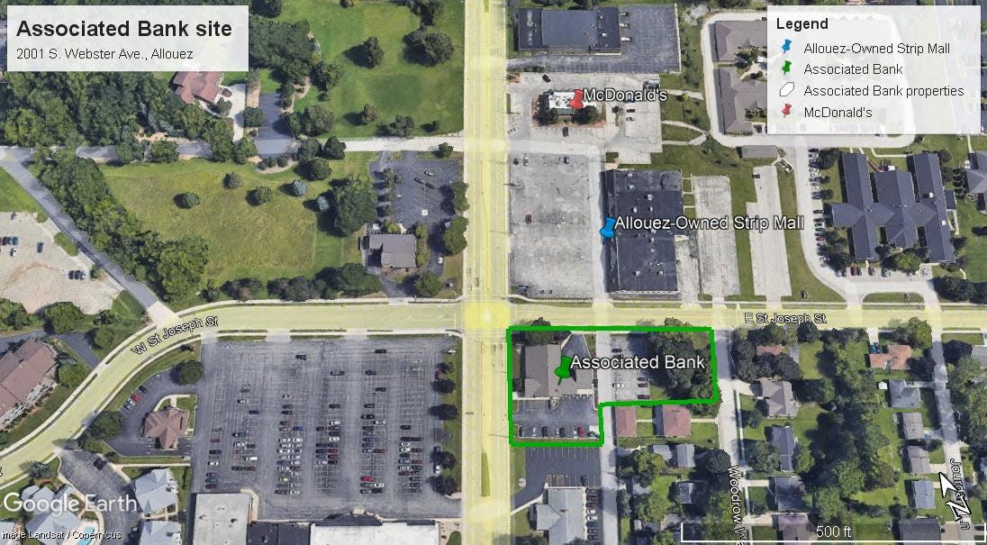 A map of part of Allouez shows the Associated Bank properties at 2001 S. Webster Ave. highlighted in green. The village is considering purchasing the property from Associated Bank after it closes the branch in November.