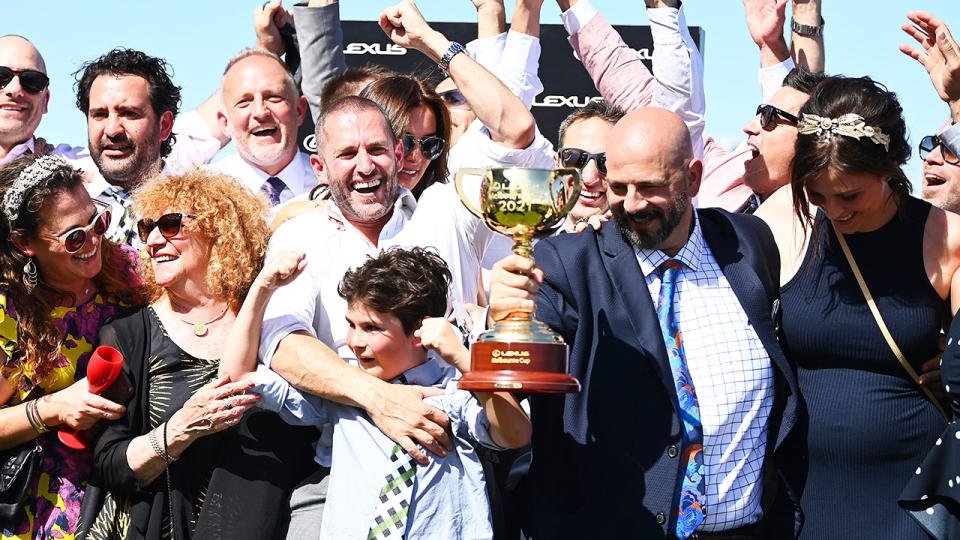 Verry Elleegant owners Brae Sokolski and Ozzie Kheir, pictured here celebrating with the Melbourne Cup.