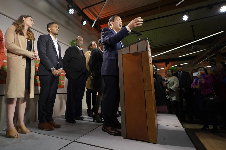 Bruce Harrell, who is running against Lorena Gonzalez in the race for mayor of Seattle, speaks to supporters, Tuesday, Nov. 2, 2021, on election night in Seattle. (AP Photo/Ted S. Warren)