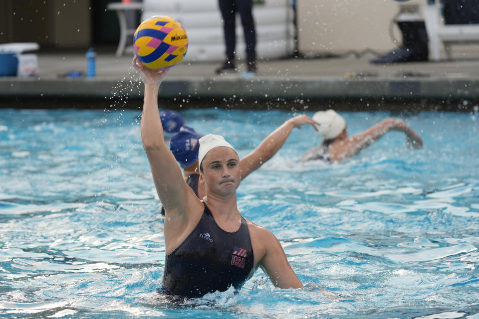 Two-time Olympic gold medalist and attacker Maddie Musselman trains with the U.S. women's water polo team at the Long Beach City College in Long Beach, Calif., on Thursday, Jan. 18, 2024. (AP Photo/Damian Dovarganes)