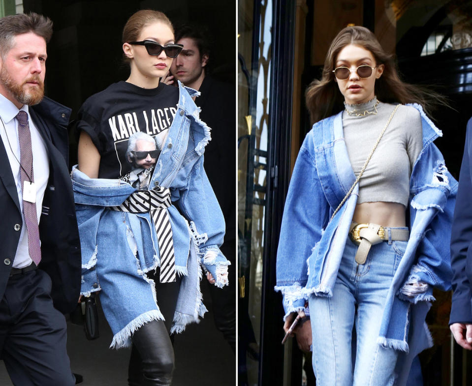 Gigi Hadid zelebriert das Slumping in Paris gleich mehrfach mit einer XL-Jeansjacke. (Bilder: Wenn)