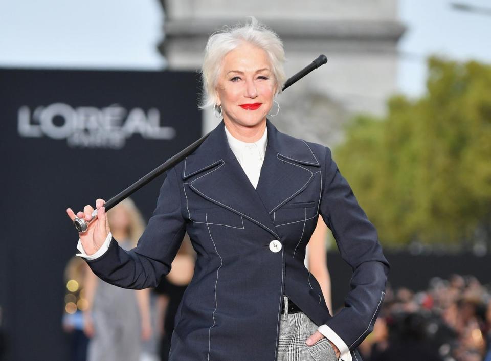 Helen Mirren walks the runway during the Le Defile L’Oreal Paris show as part of the Paris Fashion Week Womenswear Spring/Summer 2018 on October 1, 2017 in Paris, France. (Getty Images)