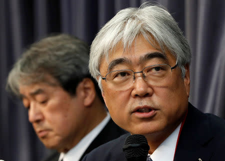 KYB Corp. Senior Managing Executive Officer Keisuke Saito (R) and Kayaba System Machinery Co. President Shigeki Hirokado attend a news conference at the Land, Infrastructure, Transport and Tourism Ministry in Tokyo, Japan October 19, 2018. REUTERS/Issei Kato